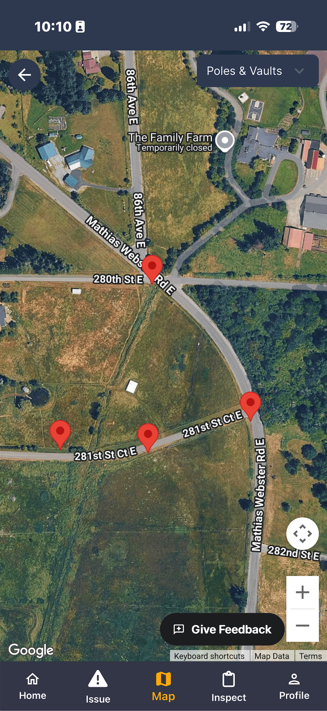 Speqtiv mobile app showing GIS map with asset pins on aerial satellite view