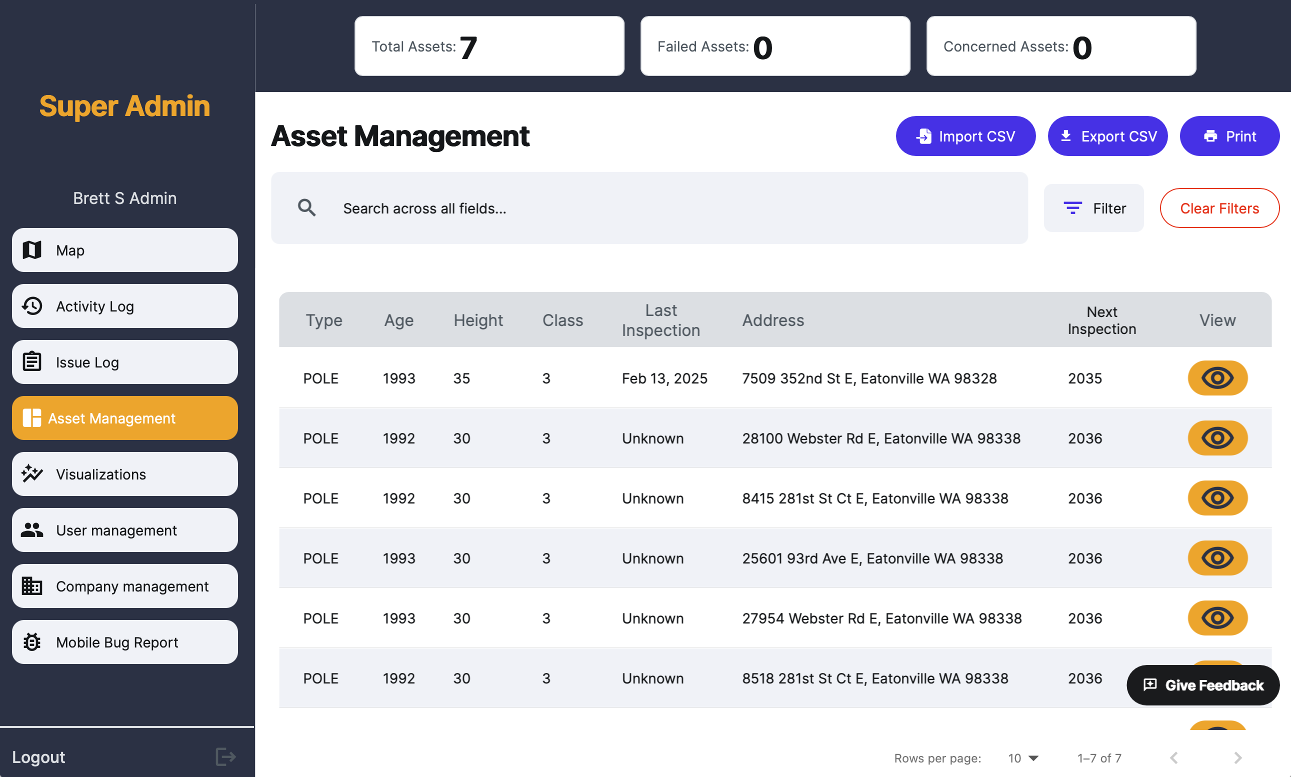 Speqtiv asset management dashboard showing pole inventory table with inspection dates and asset details
