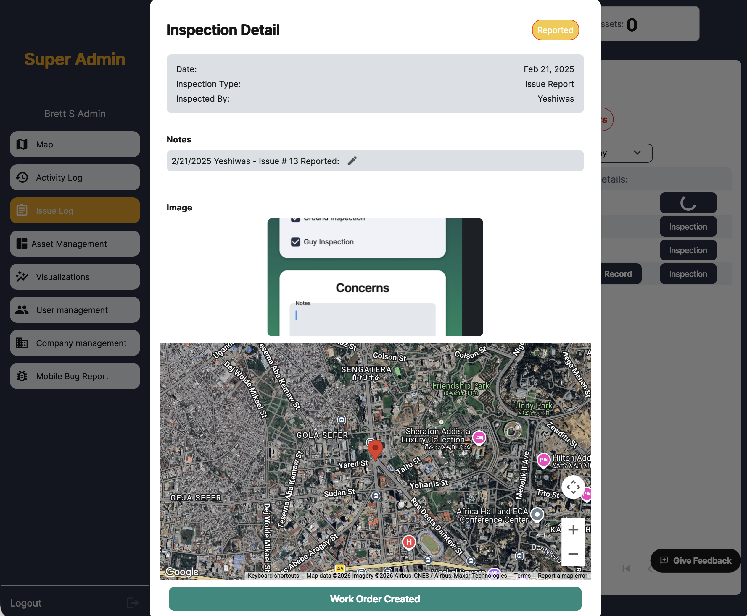 Speqtiv inspection detail showing issue report with GPS map location, inspection notes, and work order creation
