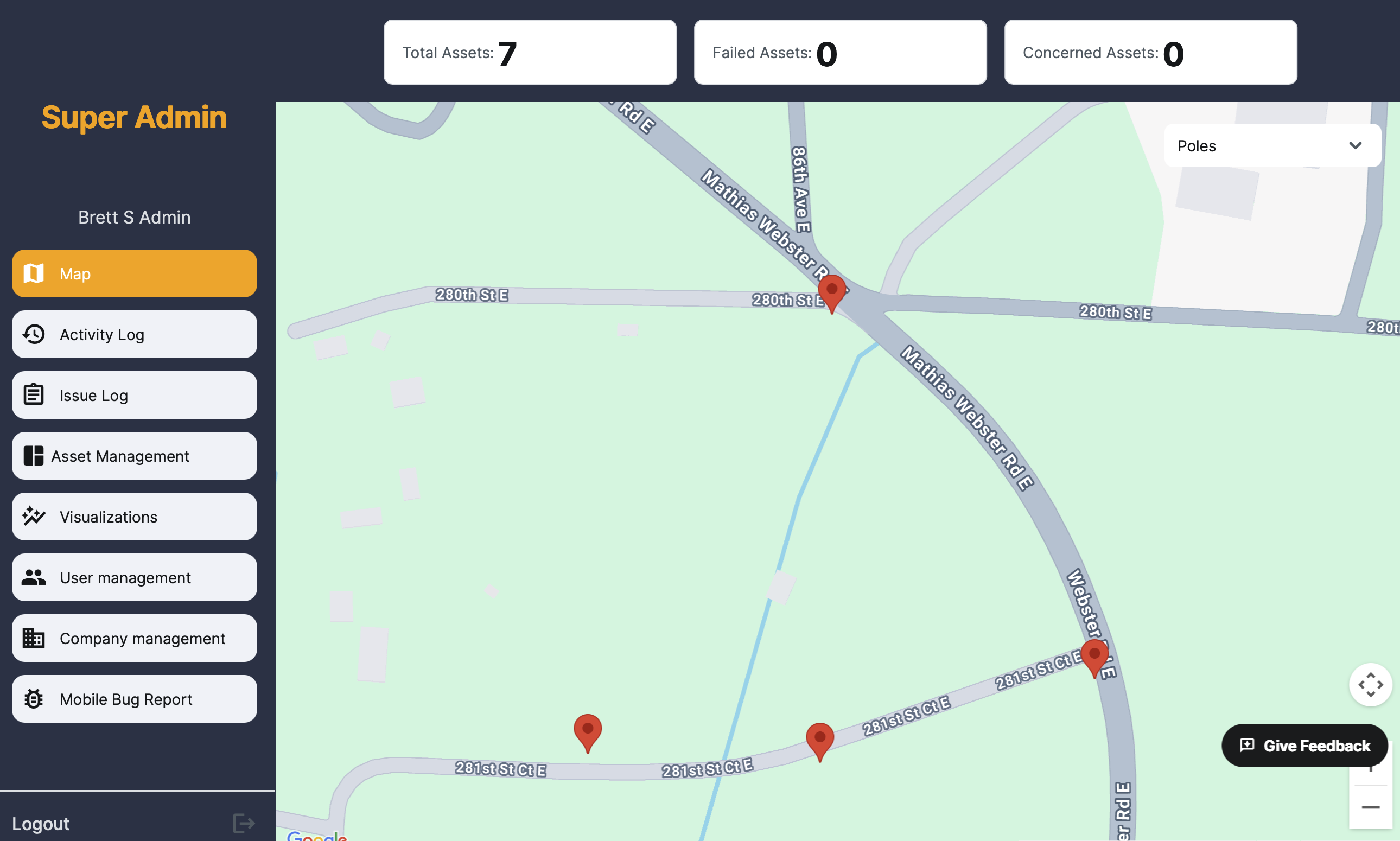Speqtiv GIS map showing asset location pins for poles across a rural service territory