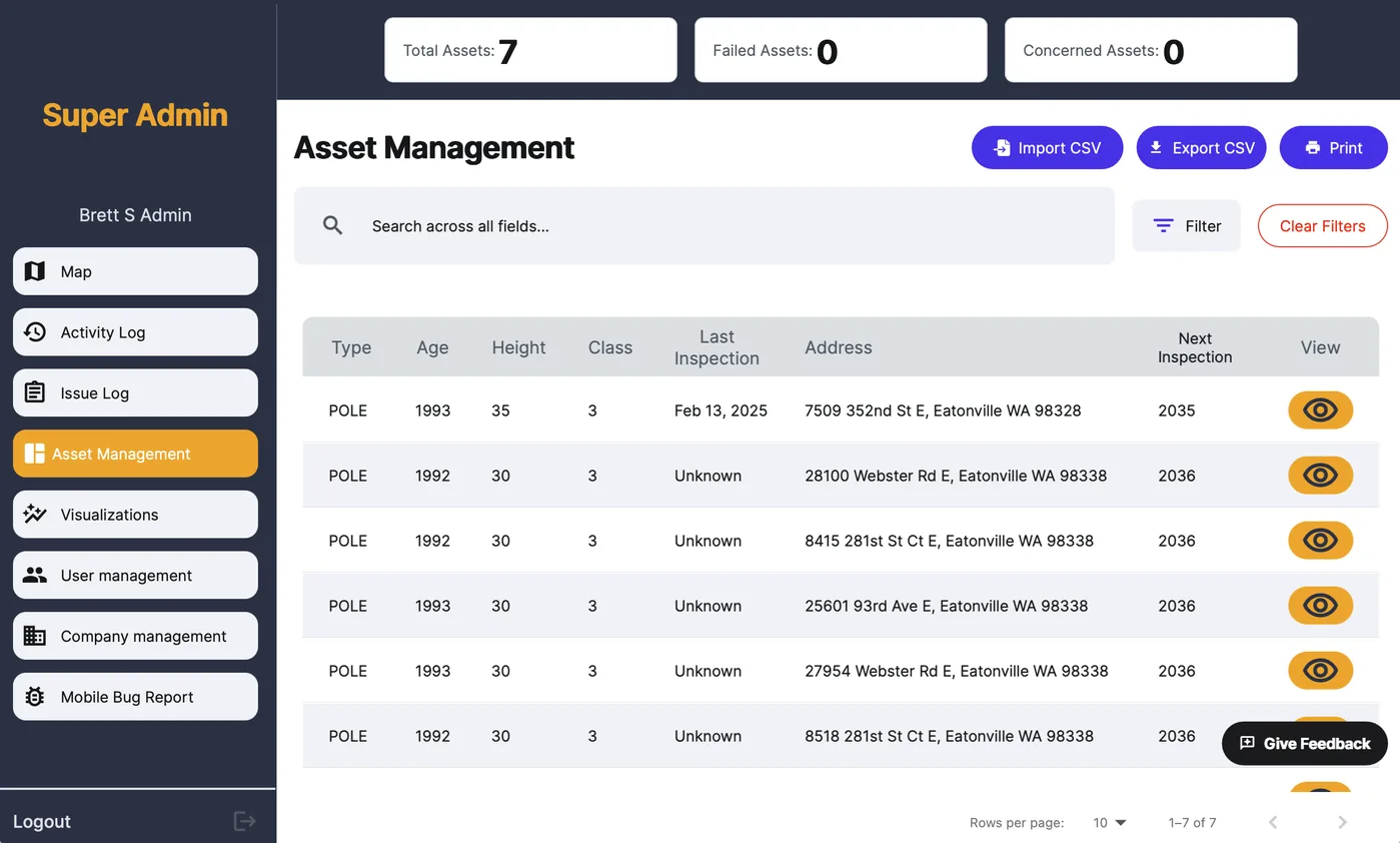 Speqtiv desktop Asset Management table showing poles with Type, Age, Height, Class, Last Inspection, Address, and Next Inspection columns