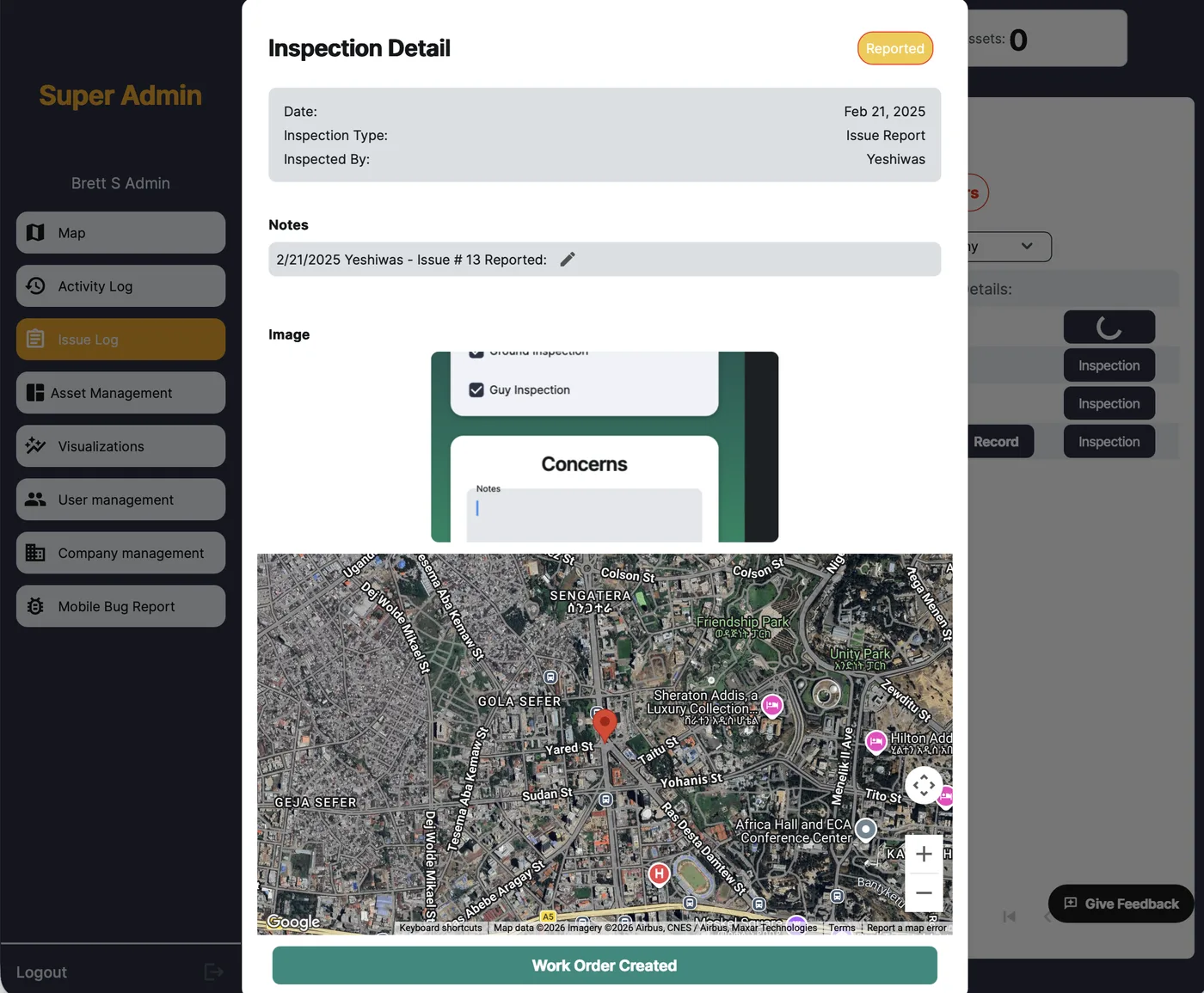 Speqtiv desktop Inspection Detail modal showing inspection type, date, notes, embedded photo of checklist, and GPS location map