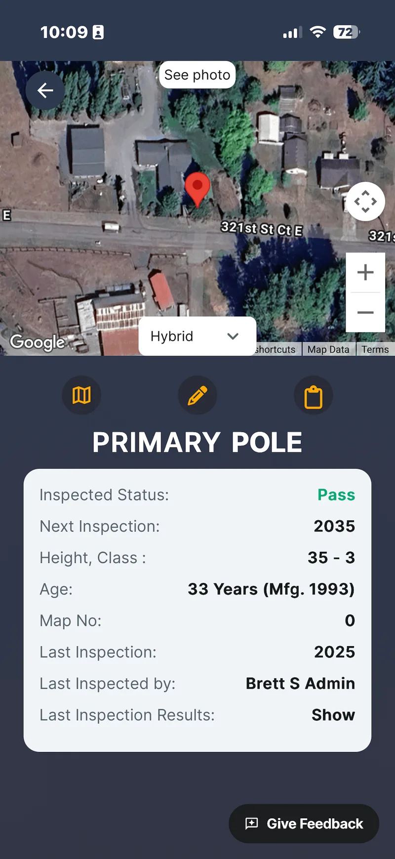 Speqtiv mobile app pole detail screen showing inspection status, height, class, and last inspection date