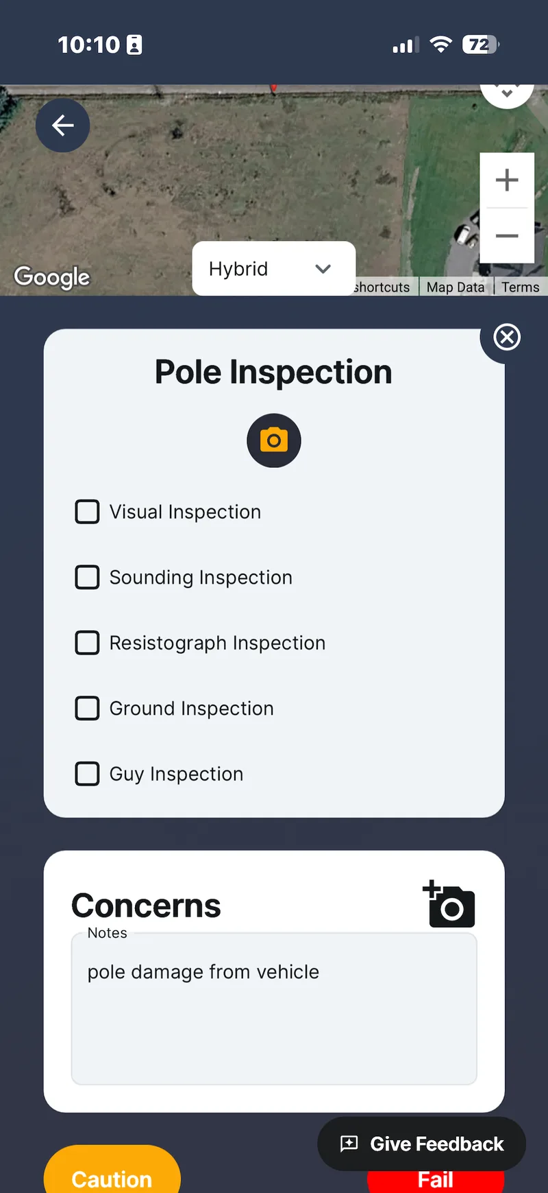 Speqtiv mobile pole inspection form showing Visual, Sounding, Resistograph, Ground, and Guy inspection checklist with Concerns field and Pass/Caution/Fail buttons